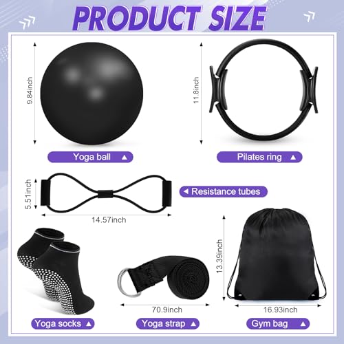 Poen 18 Pcs Home Pilates Ball and Ring Circle Set Yoga Fitness Essentials Kit with 5 Resistance Band Stretching Strap Non Slip Sock Ball Core Slider Wristband Headband Gym Bag for Women Black - Image 3