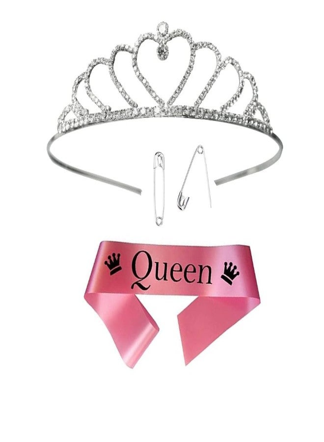 DECOFY Birthday Sash & Crown Set Anniversary Sash | Princess Queen Tiara Crowns Taj HairBand For Kids Girls & Womens (3 Pc Set- With Pin) - Image 1