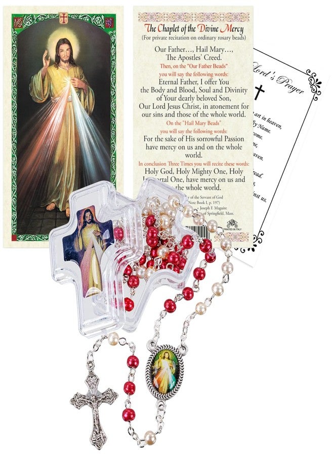 Trendzeen Divine Mercy Chaplet - Prayer Card, Divine Mercy Rosary with Centerpiece, Red and White Beads, Jesus Christ Cross Crucifix, Case, The Lord's Prayer Card | Catholic Set Of 4 Items - Image 1