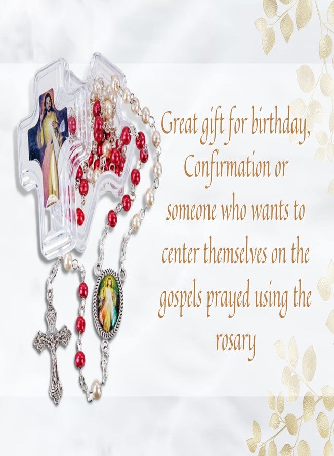 Trendzeen Divine Mercy Chaplet - Prayer Card, Divine Mercy Rosary with Centerpiece, Red and White Beads, Jesus Christ Cross Crucifix, Case, The Lord's Prayer Card | Catholic Set Of 4 Items - Image 2