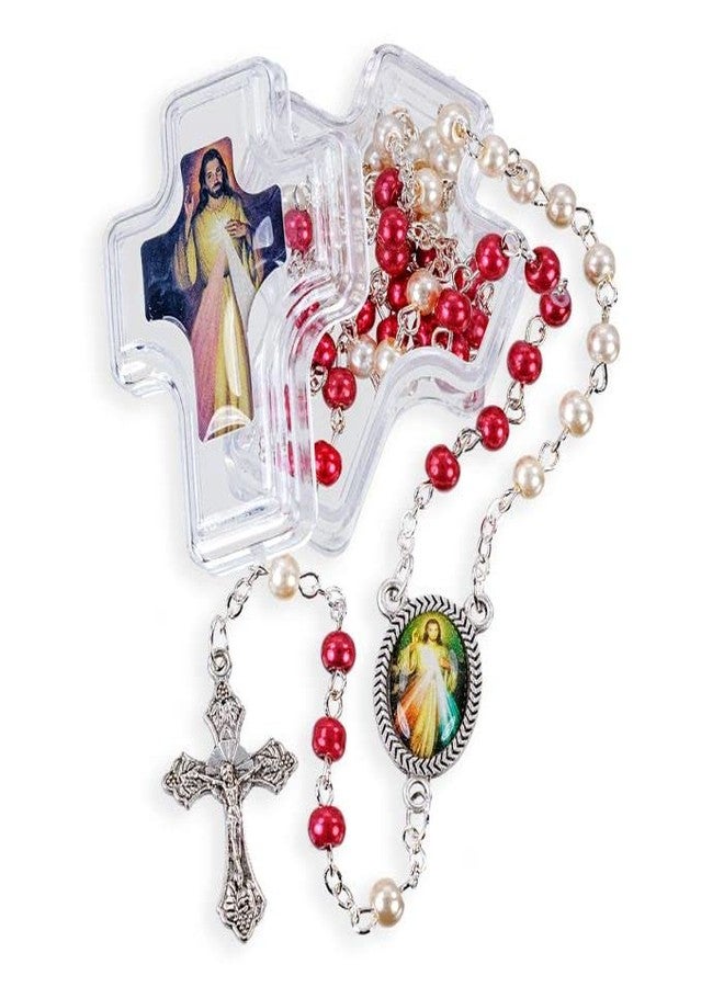 Trendzeen Divine Mercy Chaplet - Prayer Card, Divine Mercy Rosary with Centerpiece, Red and White Beads, Jesus Christ Cross Crucifix, Case, The Lord's Prayer Card | Catholic Set Of 4 Items - Image 3