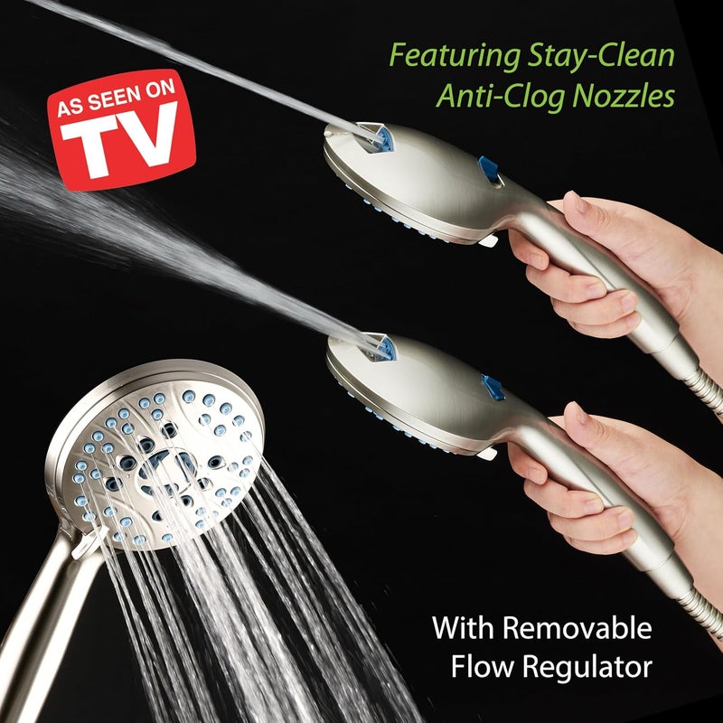 Hotel Spa AquaCare High Pressure 8-mode Handheld Shower Head - Anti-clog Nozzles, Built-in Power Wash to Clean Tub, Tile & Pets, Extra Long 6 ft. Stainless Steel Hose, Wall & Overhead Brackets - Image 2