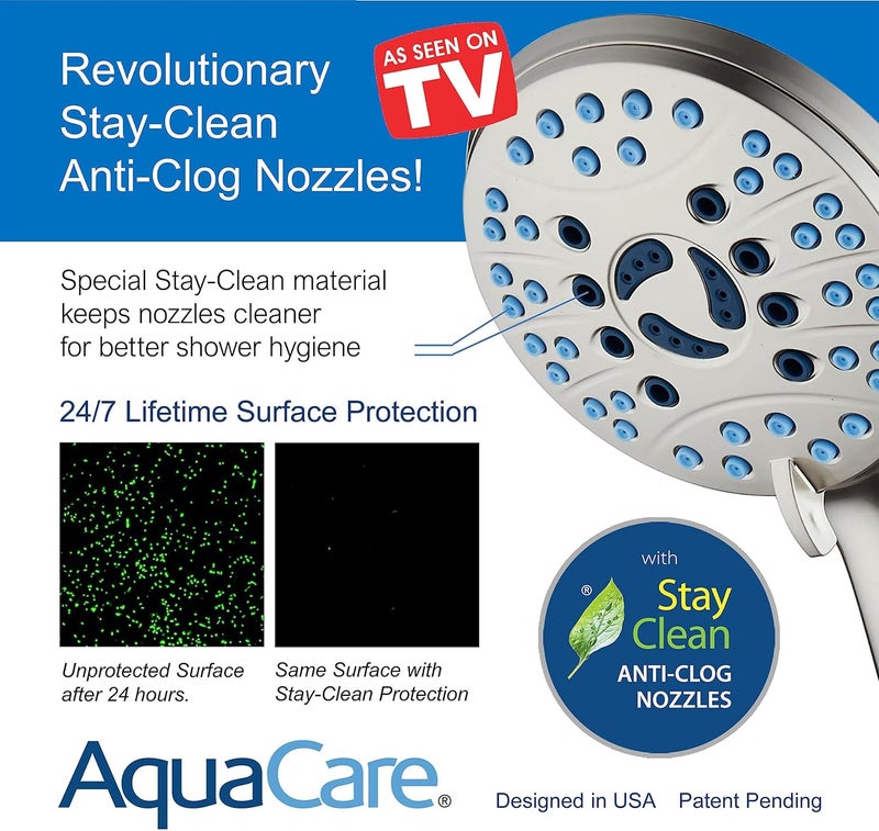 Hotel Spa AquaCare High Pressure 8-mode Handheld Shower Head - Anti-clog Nozzles, Built-in Power Wash to Clean Tub, Tile & Pets, Extra Long 6 ft. Stainless Steel Hose, Wall & Overhead Brackets - Image 3