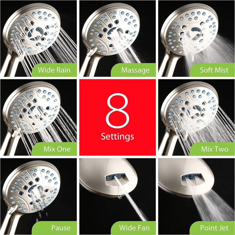 Hotel Spa AquaCare High Pressure 8-mode Handheld Shower Head - Anti-clog Nozzles, Built-in Power Wash to Clean Tub, Tile & Pets, Extra Long 6 ft. Stainless Steel Hose, Wall & Overhead Brackets - Image 4