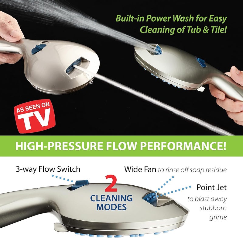 Hotel Spa AquaCare High Pressure 8-mode Handheld Shower Head - Anti-clog Nozzles, Built-in Power Wash to Clean Tub, Tile & Pets, Extra Long 6 ft. Stainless Steel Hose, Wall & Overhead Brackets - Image 5
