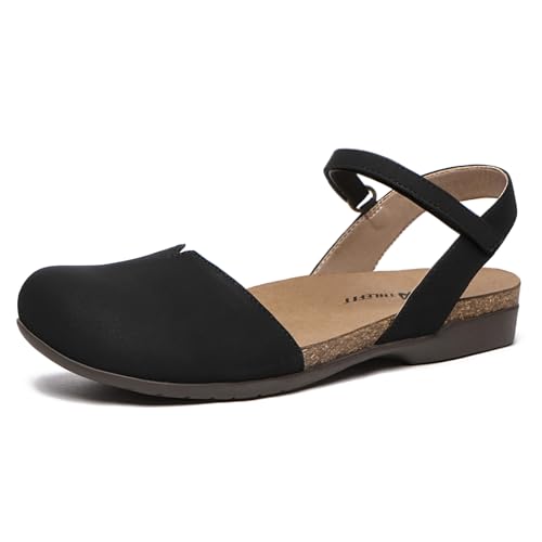 Athlefit Women's Closed Toe Sandals Comfort Cork Footbed Arch Support Flat Sandals Black Size 5.5 - Image 1