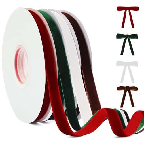 YANGTE 4 Colors Velvet Ribbon Set 38 x 40Yard Premium Christmas Velvet Ribbon for Gift Wrapping Christmas Tree Ornaments Handmade Crafts Bow MakingRedGreenWhiteBrown