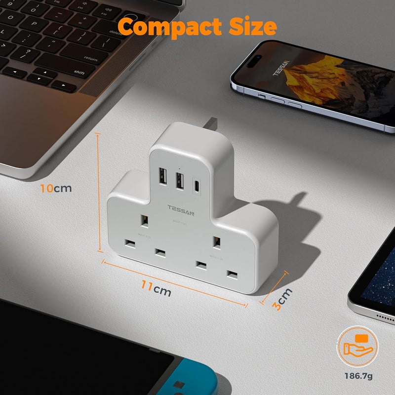 تيسان قابس محول مع 3 منافذ USB، محول قابس مزدوج من TESSAN للاستخدام في المملكة المتحدة، موسع منافذ متعدد بمخرجين مع شاحن USB، موسع طاقة رفيع للمكتب، مستلزمات الجامعة الأساسية - Image 5