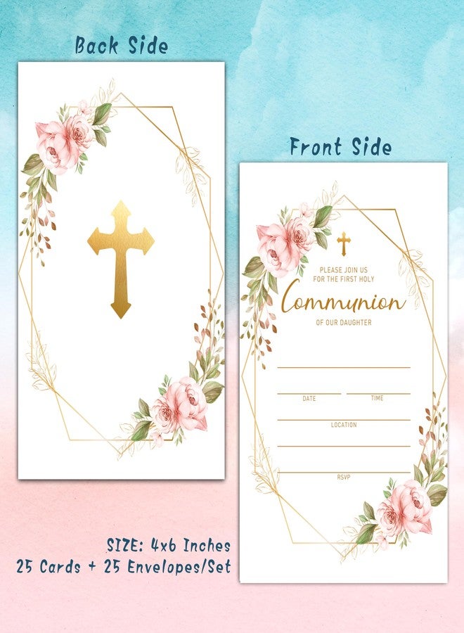 Foosproea Blush Pink Floral Christian Baptism Invitations with Envelopes - Gold Foil First Holy Communion Invitations - Christening, Baby Dedication, Religious Celebration Favors (25 Pack)-02 - Image 4