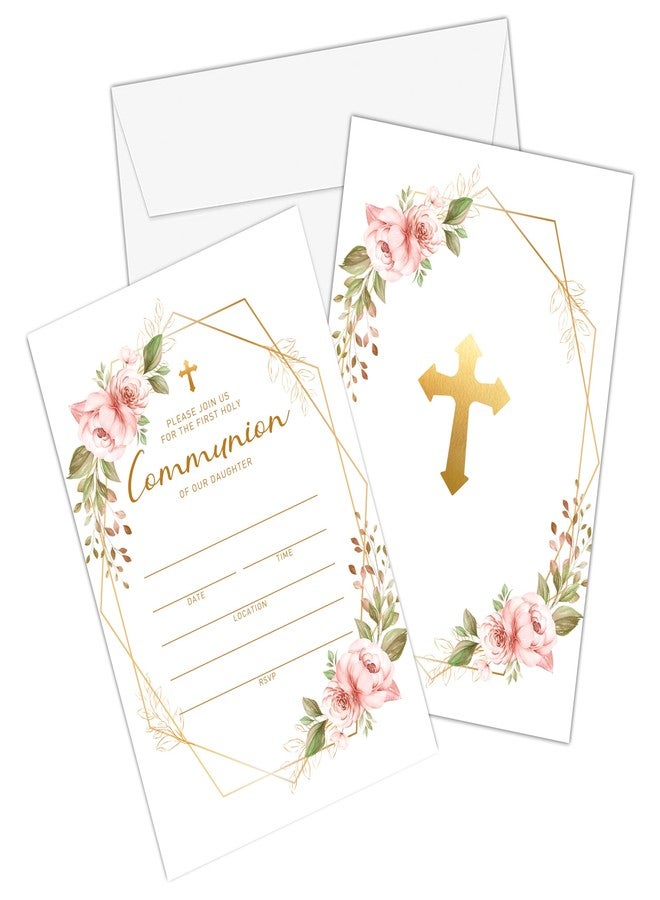 Foosproea Blush Pink Floral Christian Baptism Invitations with Envelopes - Gold Foil First Holy Communion Invitations - Christening, Baby Dedication, Religious Celebration Favors (25 Pack)-02 - Image 2