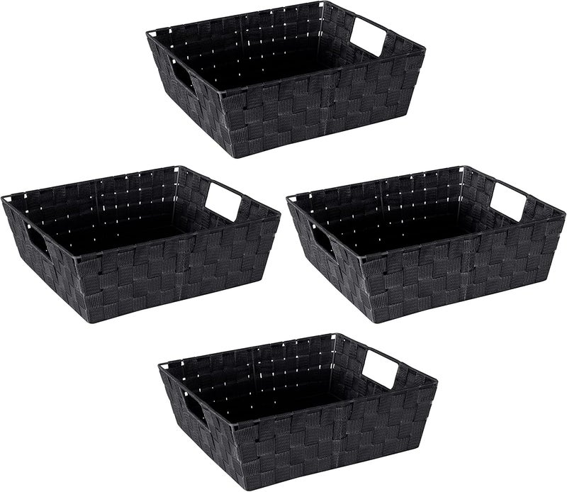 Simplify Large Shelf Woven Strap Tote  Decorative Storage Basket  Built in Handles  Organization  Closet  Bedroom  Bathroom  Nursery  Accessories  Toys  Gifts  4 Pack  Black - Image 1