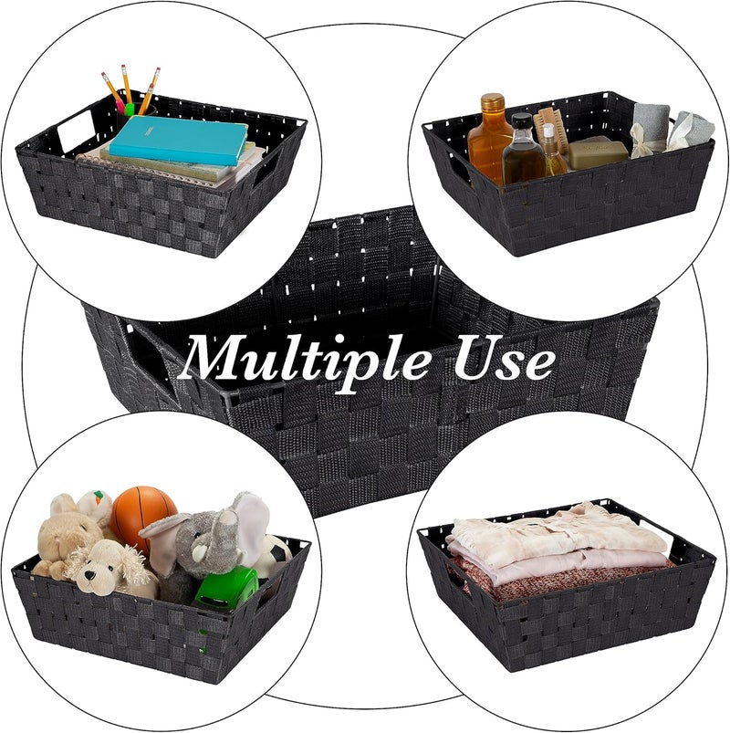 Simplify Large Shelf Woven Strap Tote  Decorative Storage Basket  Built in Handles  Organization  Closet  Bedroom  Bathroom  Nursery  Accessories  Toys  Gifts  4 Pack  Black - Image 3