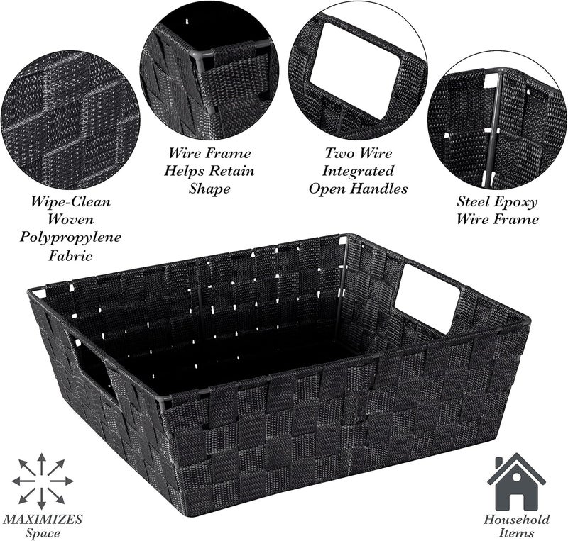 Simplify Large Shelf Woven Strap Tote  Decorative Storage Basket  Built in Handles  Organization  Closet  Bedroom  Bathroom  Nursery  Accessories  Toys  Gifts  4 Pack  Black - Image 4