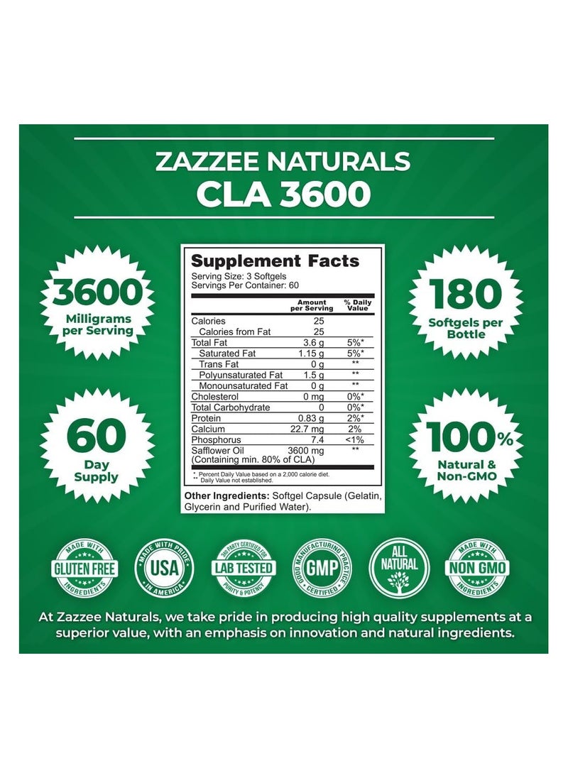Zazzee - Zazzee High Potency CLA 3600, 180 Softgels 3600 mg per Serving Conjugated Linoleic Acid from Safflower Oil Concentrated and Standardized 60 Day Supply - Image 1