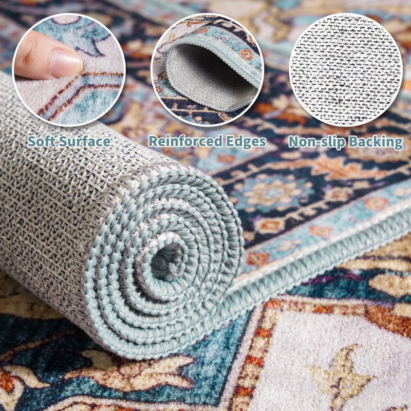 Foxmas 6x9 Area Rugs for Living Room, Machine Washable Vintage Rug, Non-Slip Low Pile Throw Rugs with Rubber Backing Washable Carpet for Bedroom Dining Room Kitchen Home Decor, Wood & Blue - Image 5