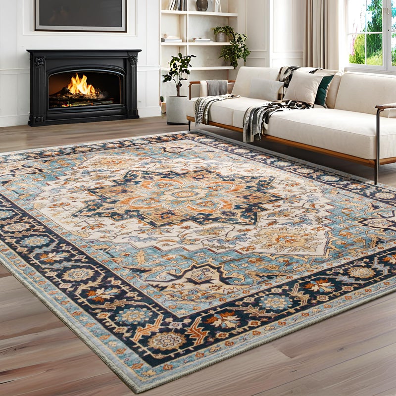 Foxmas 6x9 Area Rugs for Living Room, Machine Washable Vintage Rug, Non-Slip Low Pile Throw Rugs with Rubber Backing Washable Carpet for Bedroom Dining Room Kitchen Home Decor, Wood & Blue - Image 3