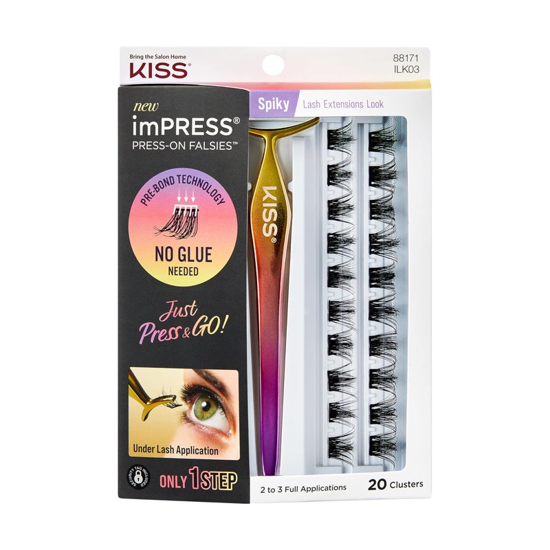 Impress KISS imPRESS Falsies Press On Self Adhesive Eyelashes, 12mm-14mm Glam Volume Press On Lashes, Black, No Glue Needed, Invisible Band, 20 Lash Clusters & Non-Stick Applicator - Spiky - Image 1