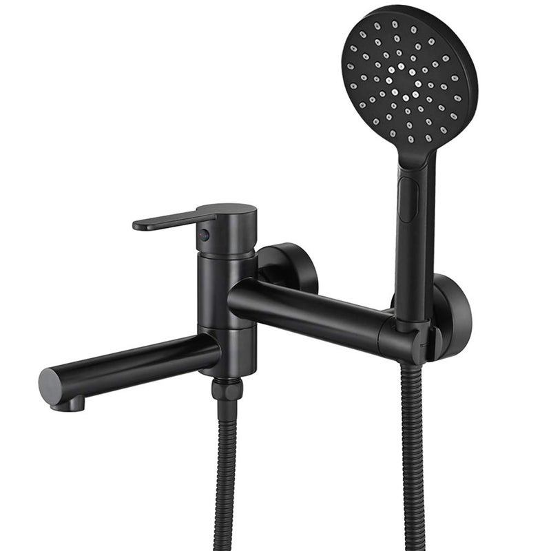 KAPHOME Matte Black Wall Mount Bathtub Faucet with Hand ShowerTub Shower Faucet with Lengthened Folding SpoutKHSB05U