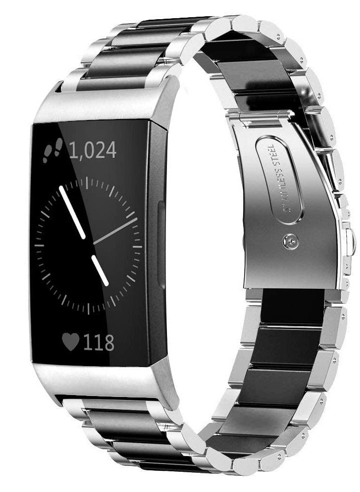 SYOSI حزام من الفولاذ المقاوم للصدأ لـ Fitbit Charge 4، وFitbit Charge 3، وFitbit Charge 3 SE، وحزام ساعة ذكي، وإكسسوارات سوار المعصم المعدنية القابلة للاستبدال (فضي + أسود) - Image 1