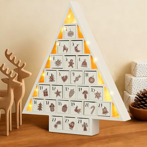 Cinnvoice LED Wooden Christmas Advent Calendar with 24 Drawers Tree Shaped Countdown to Christmas Refillable Wooden Advent Calendar with LED Lights Reusable Xmas Gift for Family Adults Friend White - Image 1