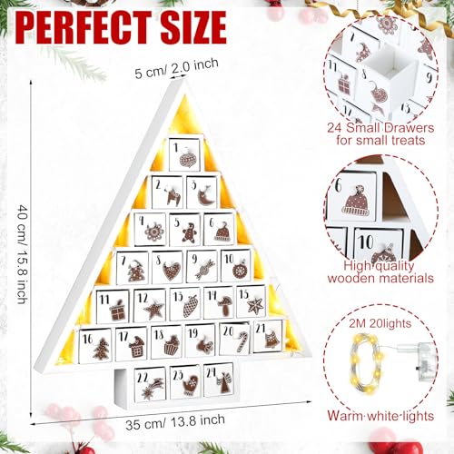 Cinnvoice LED Wooden Christmas Advent Calendar with 24 Drawers Tree Shaped Countdown to Christmas Refillable Wooden Advent Calendar with LED Lights Reusable Xmas Gift for Family Adults Friend White - Image 3