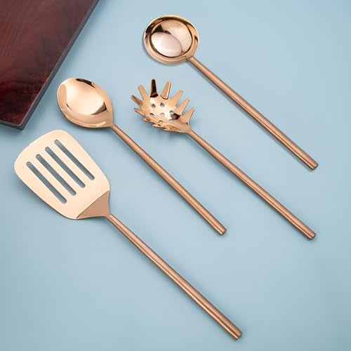 GIBOX Stainless Steel Heavy Bronze Utensils for Frying, Cooking & Serving, Kitchen Tools Scoop Ladle Skimmer Stupla Serving Spoon Set of 4 Ideal for Dining Kitchen Tableware Nonstick - Image 1