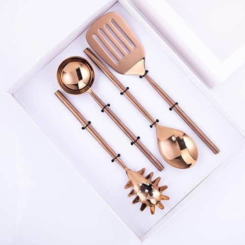 GIBOX Stainless Steel Heavy Bronze Utensils for Frying, Cooking & Serving, Kitchen Tools Scoop Ladle Skimmer Stupla Serving Spoon Set of 4 Ideal for Dining Kitchen Tableware Nonstick - Image 2
