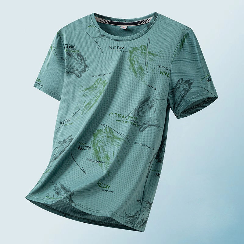 Ice silk short-sleeved T-shirt for men's summer thin trendy printed T-shirt, fashionable wrinkle-resistant ice-cold half-sleeved handsome top - Image 3