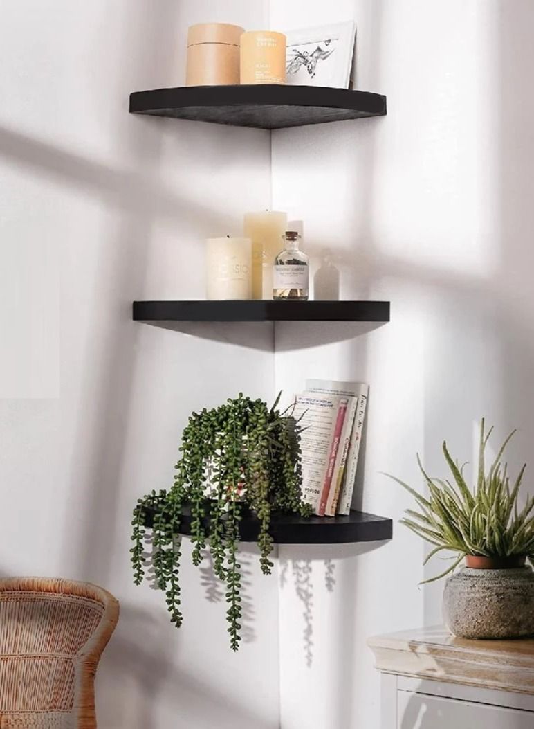 MARGOUN رف جدار زاوية عائمة 3 قطع رف كتب مثلث ديكور المنزل 3 طبقات عرض منظم 25 سم أسود - Image 2