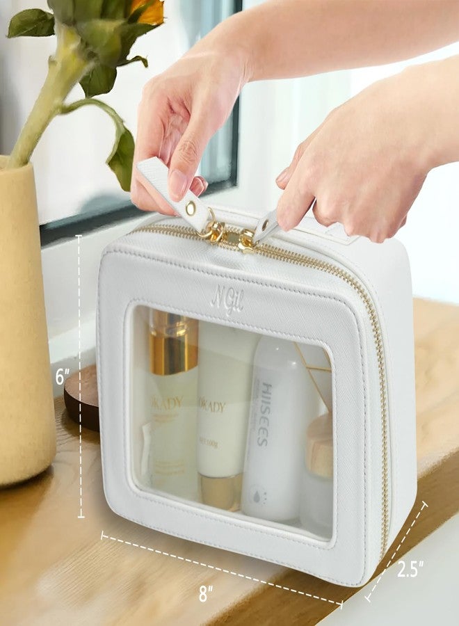 NGIL Clear Faux Leather Travel Toiletry Bag, Makeup Bag Organizer for Women, Clear Window & Gold Zipper Makeup Bag, Road Trip Essential, Skincare, Cruise Ship Essentials (White) - Image 3