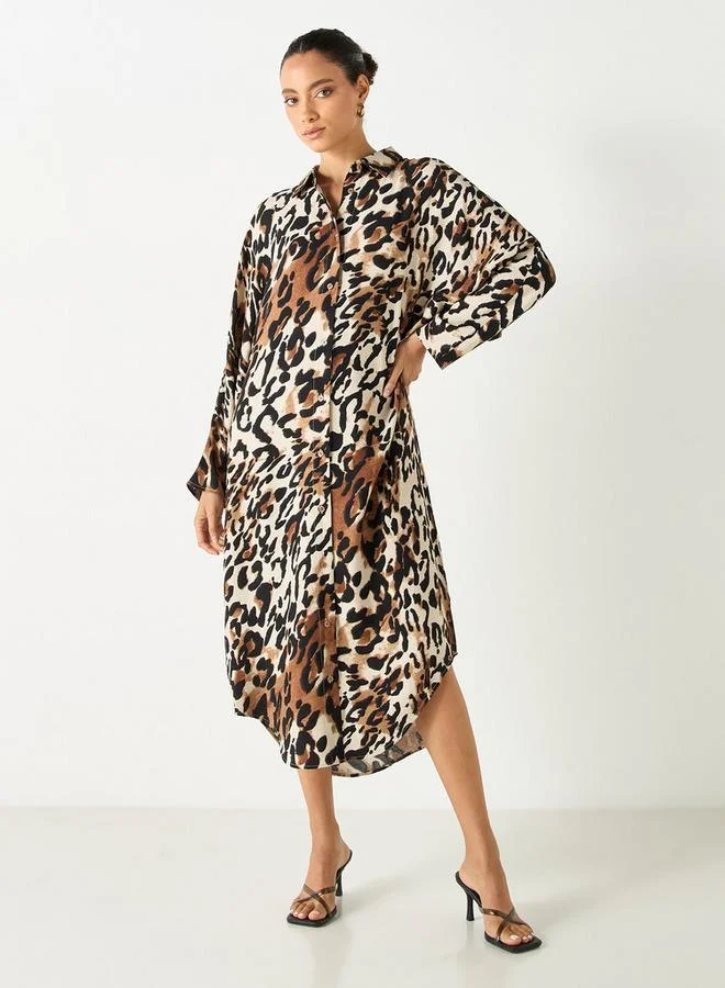 سبلاش فيڤ فستان قميص بطبعة حيوانات وأكمام ممتدة