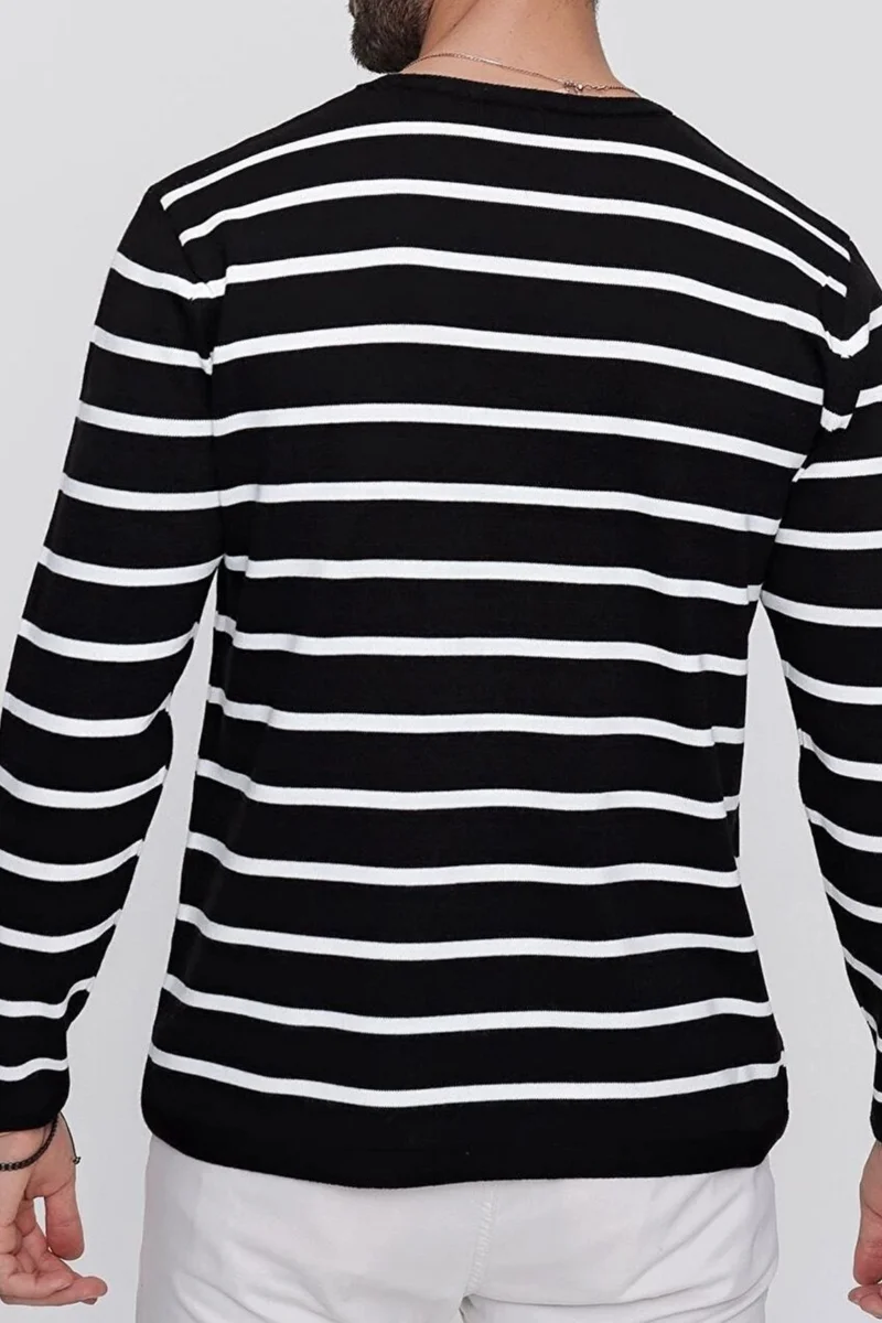 Cool Tarz Cool Style Men's Black Crew Neck Striped Casual Knitwear Sweater
