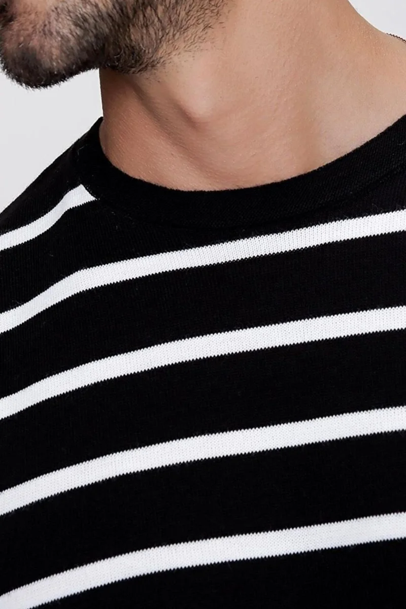 Cool Tarz Cool Style Men's Black Crew Neck Striped Casual Knitwear Sweater