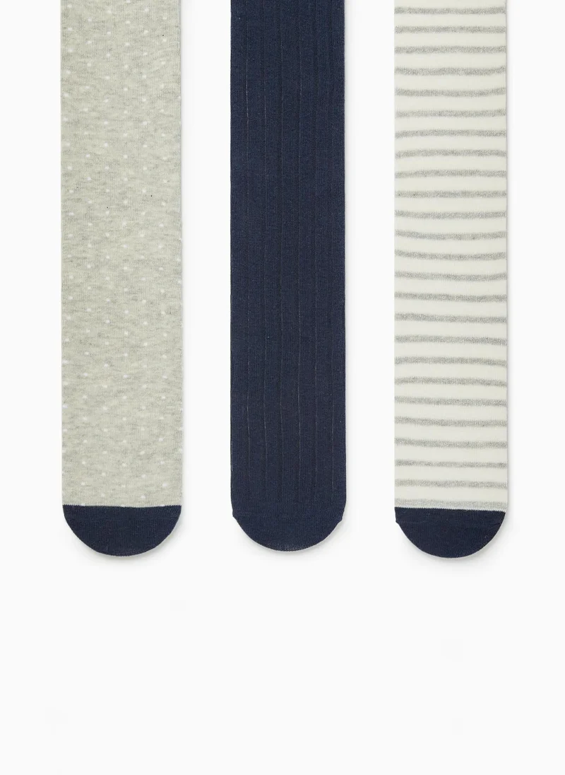 زيبي 3-Pack Cotton Tights for Girls, Dark Blue/Grey