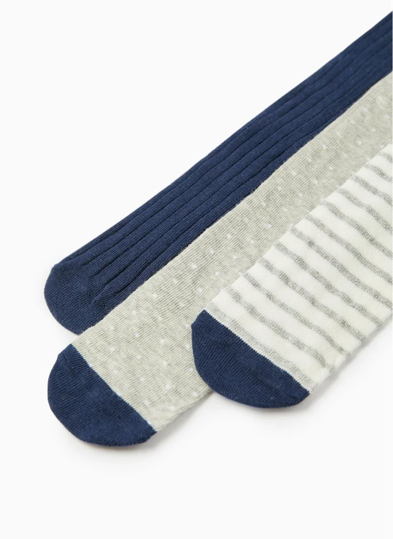 زيبي 3-Pack Cotton Tights for Girls, Dark Blue/Grey