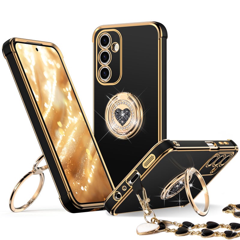 XYZ for Samsung Galaxy A15 5G Case with StandPhone Case with Double Ring Kickstand Women Girls Bling Luxury Protective Phone Cover Heart for Samsung A15 5G Black - Image 2
