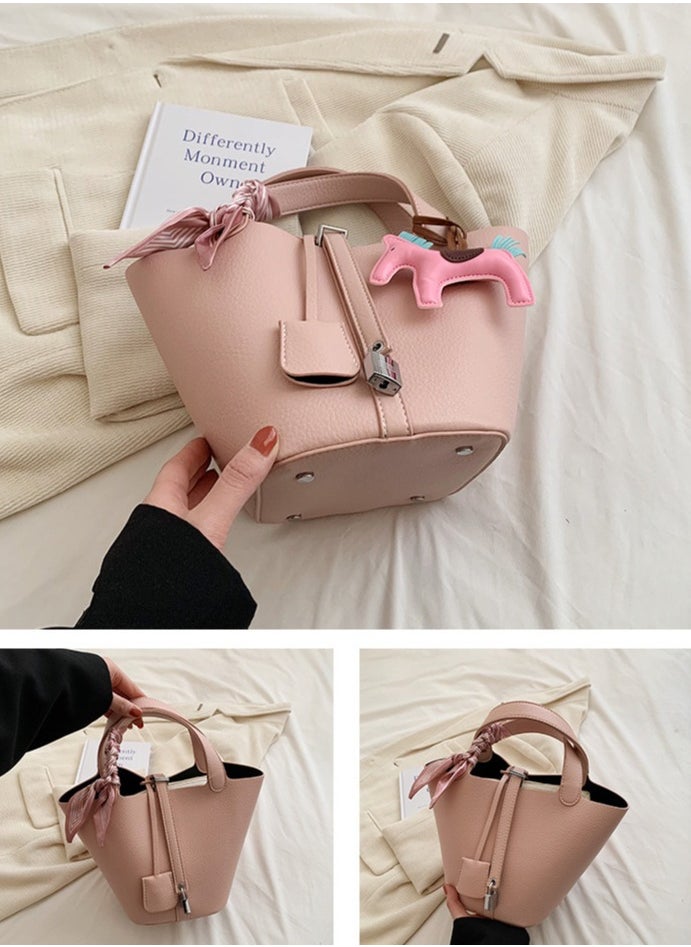 NIBEMINENT - Patchwork Pendant Decor Simple Design Satchel Bag Include Pony Pendant and Silk Scarf - Image 1