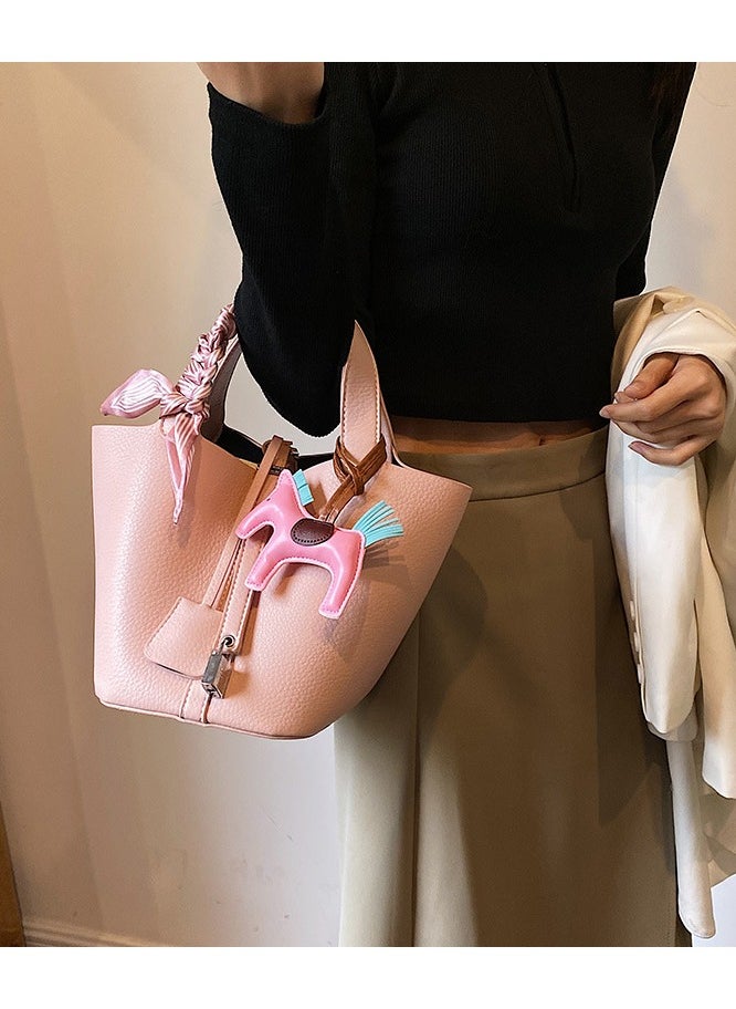 NIBEMINENT - Patchwork Pendant Decor Simple Design Satchel Bag Include Pony Pendant and Silk Scarf - Image 1