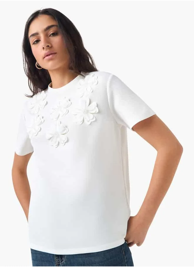 2Xtremz 2Xtremz Floral Applique Crew Neck T-shirt with Short Sleeves