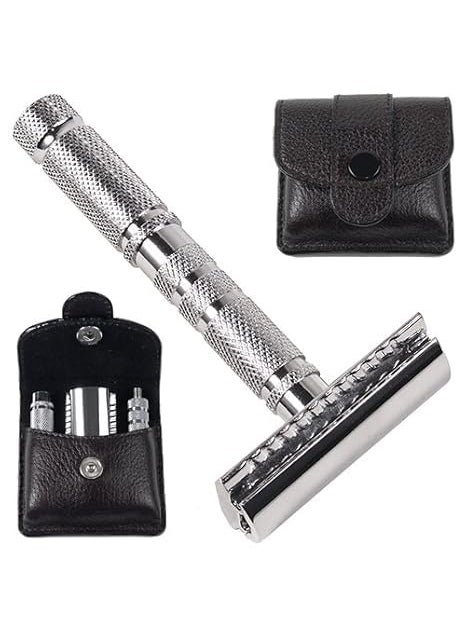 Parker Safety Razor - Parker 4 Piece Travel Safety Razor  Leather Case  A great Travel Safety Razor that is also excellent for Everyday Use - Image 1