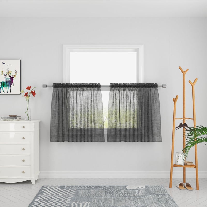 UPOPO Black Sheer Tier Curtains 30 inches Long Voile Kitchen Tiers Linen Textured Cafe Curtains Bathroom Basement Short Small Curtain Panels for Door Half Window Curtains 2 Panels Rod Pocket Cabinet Cover - Image 1