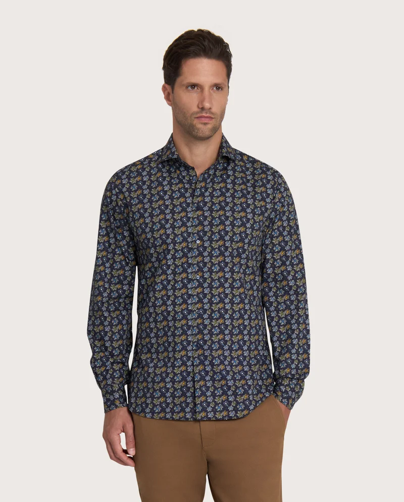 كاميتشسما Navy Blue Slim Comfort Punch Dobby Shirt