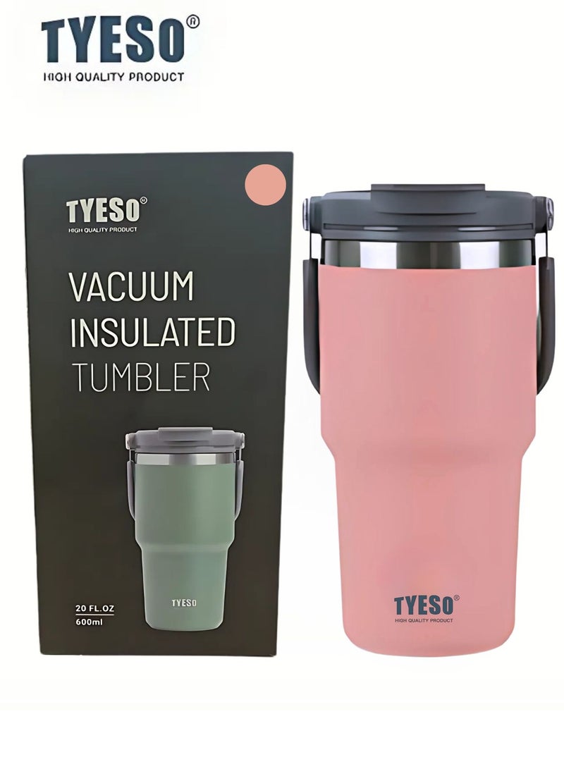 TYESO Stainless Steel Coffee Cup Cold And Hot Double-layer Insulated Cup Tumbler Thermo Water Bottle with Straw and Handle (Pink) 600ml - Image 1