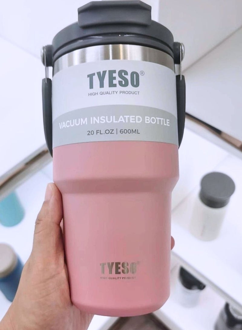 TYESO Stainless Steel Coffee Cup Cold And Hot Double-layer Insulated Cup Tumbler Thermo Water Bottle with Straw and Handle (Pink) 600ml - Image 2