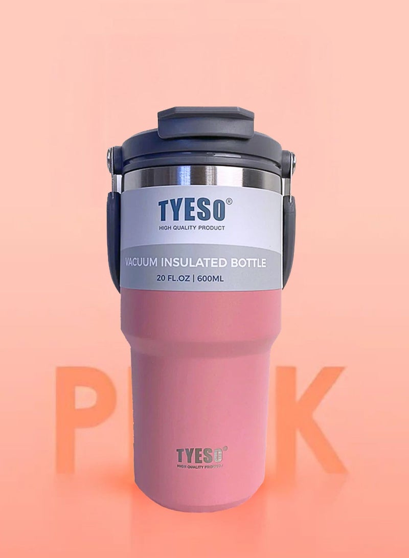 TYESO Stainless Steel Coffee Cup Cold And Hot Double-layer Insulated Cup Tumbler Thermo Water Bottle with Straw and Handle (Pink) 600ml - Image 3