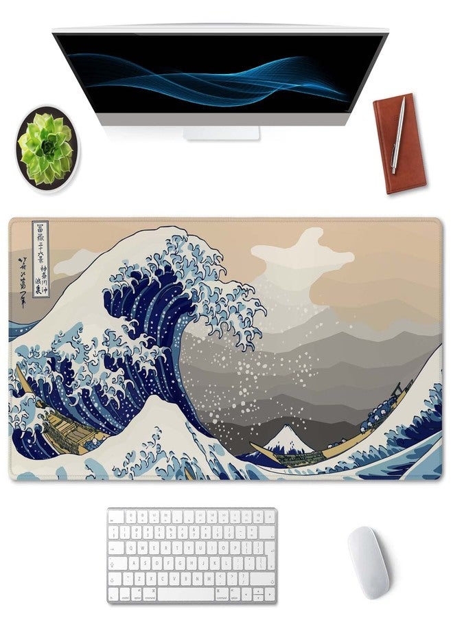 SSOIU Extended Gaming Mouse Pad (35.5x15.7 in), Large Stable Rubber Base Mousepad with Stitched Edges, Keyboard Mouse Mat Desk Pad for Work, Game, Office, Home - Great Wave Off Kanegawa - Image 3