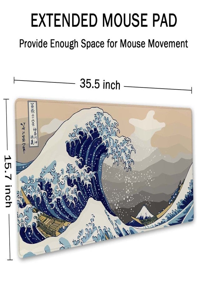 SSOIU Extended Gaming Mouse Pad (35.5x15.7 in), Large Stable Rubber Base Mousepad with Stitched Edges, Keyboard Mouse Mat Desk Pad for Work, Game, Office, Home - Great Wave Off Kanegawa - Image 2