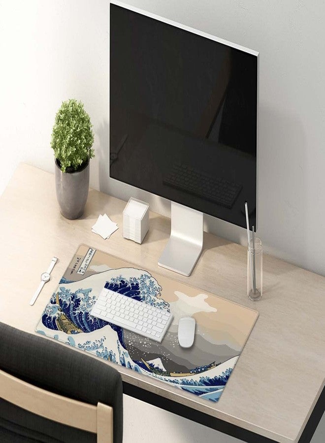 SSOIU Extended Gaming Mouse Pad (35.5x15.7 in), Large Stable Rubber Base Mousepad with Stitched Edges, Keyboard Mouse Mat Desk Pad for Work, Game, Office, Home - Great Wave Off Kanegawa - Image 5