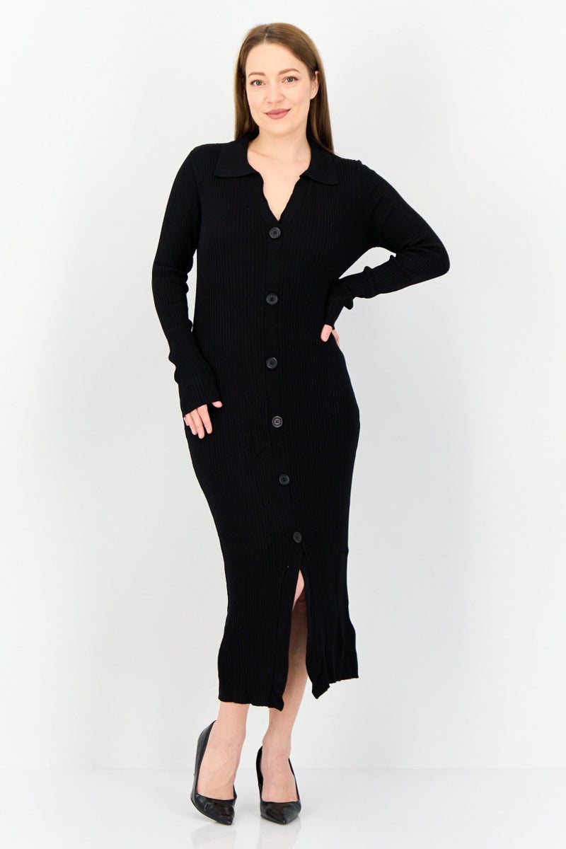 Threadbare Women Textured Midi Dress, Black - Image 1