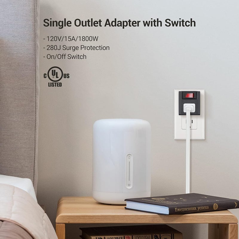 DEWENWILS [UL Listed] Grounded Single Port Power Adapter with On/Off Switch, 3 Prong Electrical Plug Outlet Switch, 15A Circuit Breaker, 280J Surge Protector, Black, 3 Pack - Image 2